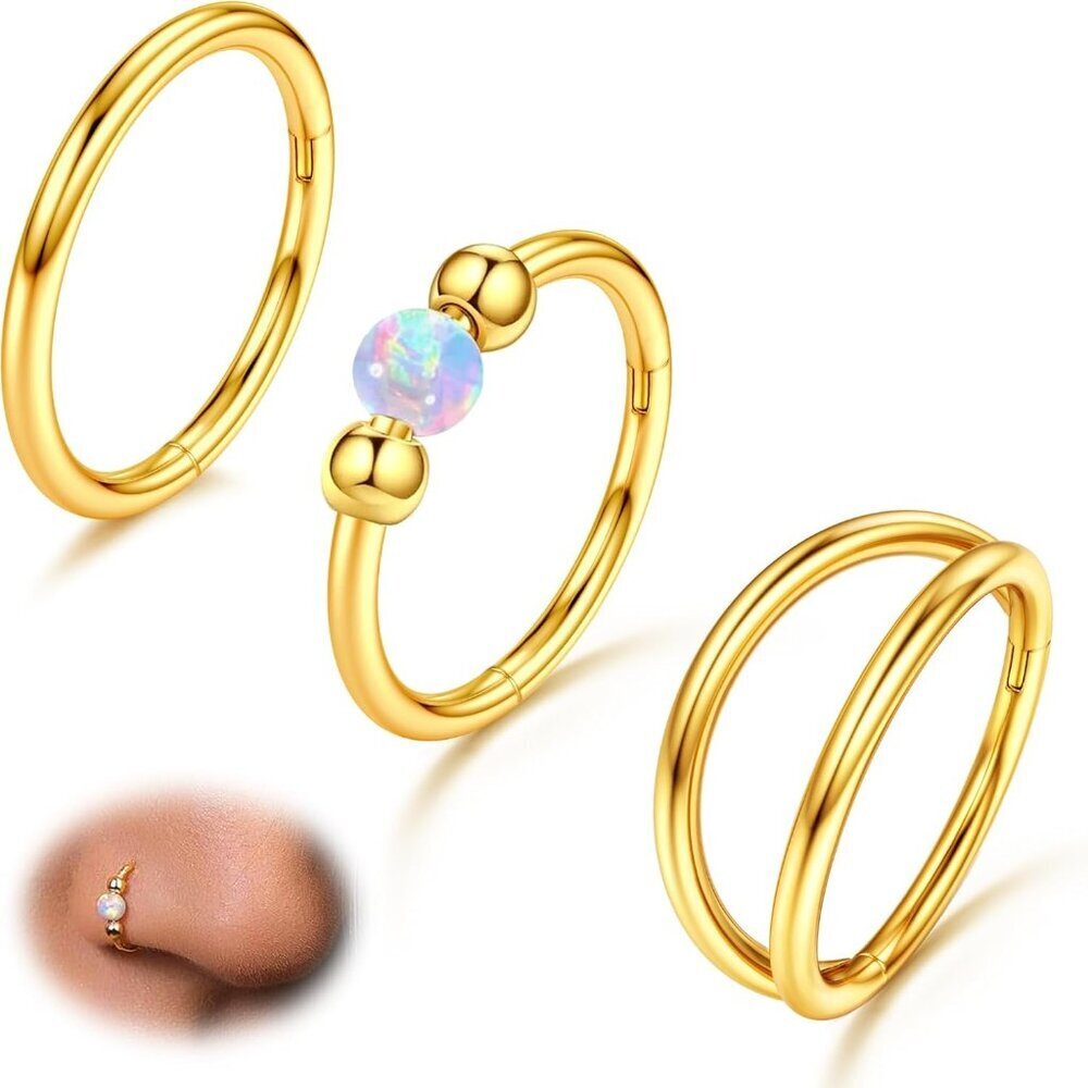 3pcs Nose Rings Hoops Surgical Steel Opal  Gold 8mm Jewelry For Women